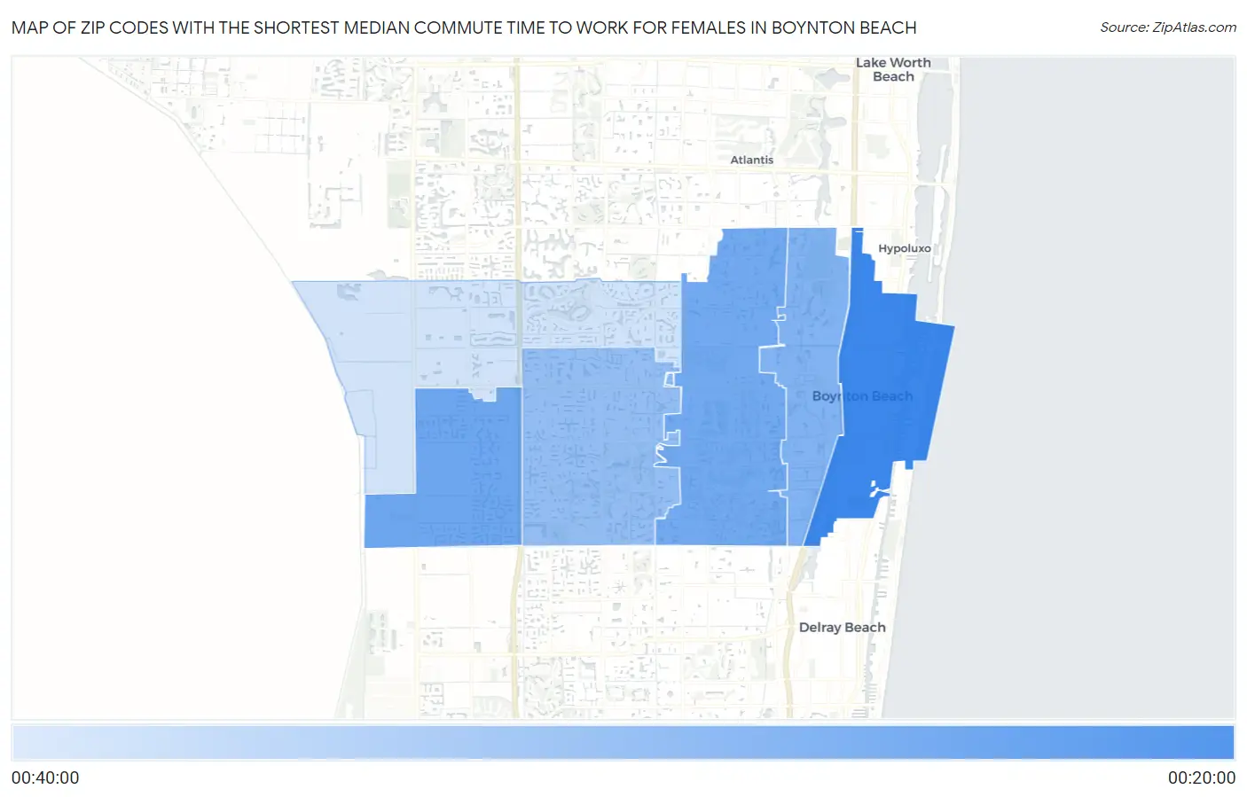 Zip Codes with the Shortest Median Commute Time to Work for Females in Boynton Beach Map