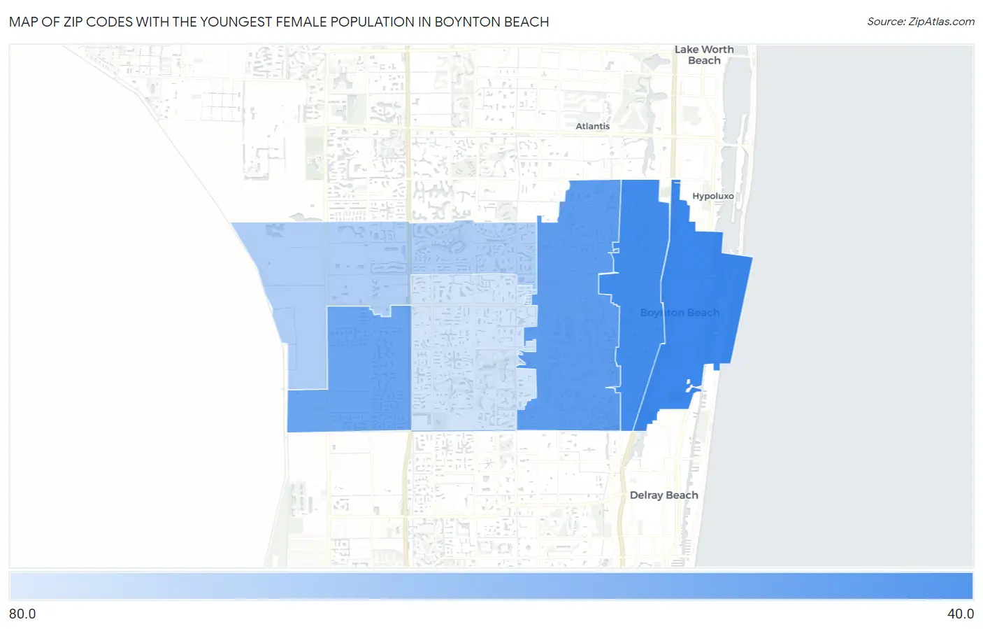 Zip Codes with the Youngest Female Population in Boynton Beach Map