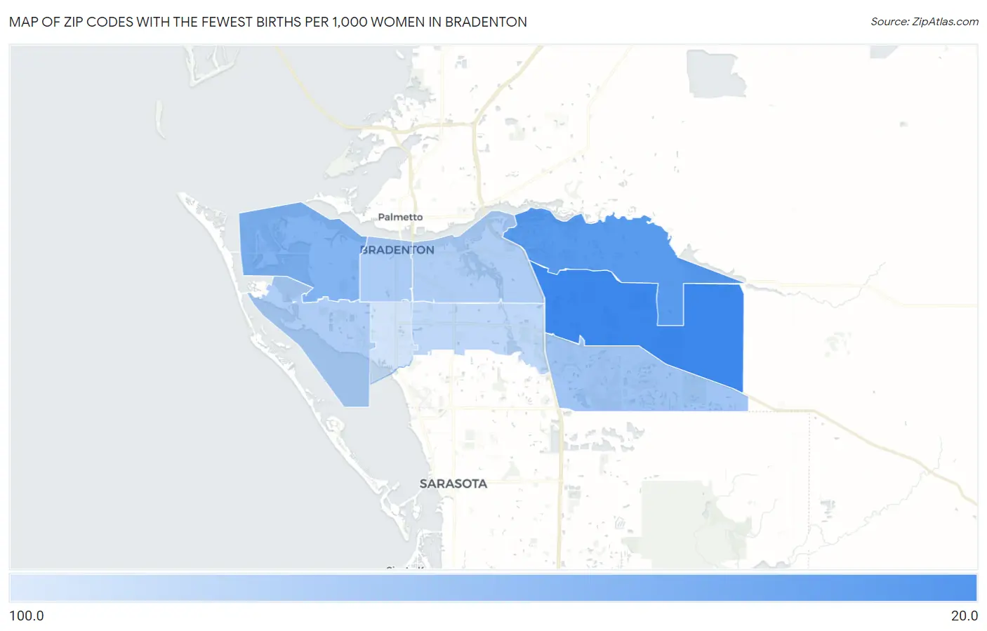 Zip Codes with the Fewest Births per 1,000 Women in Bradenton Map