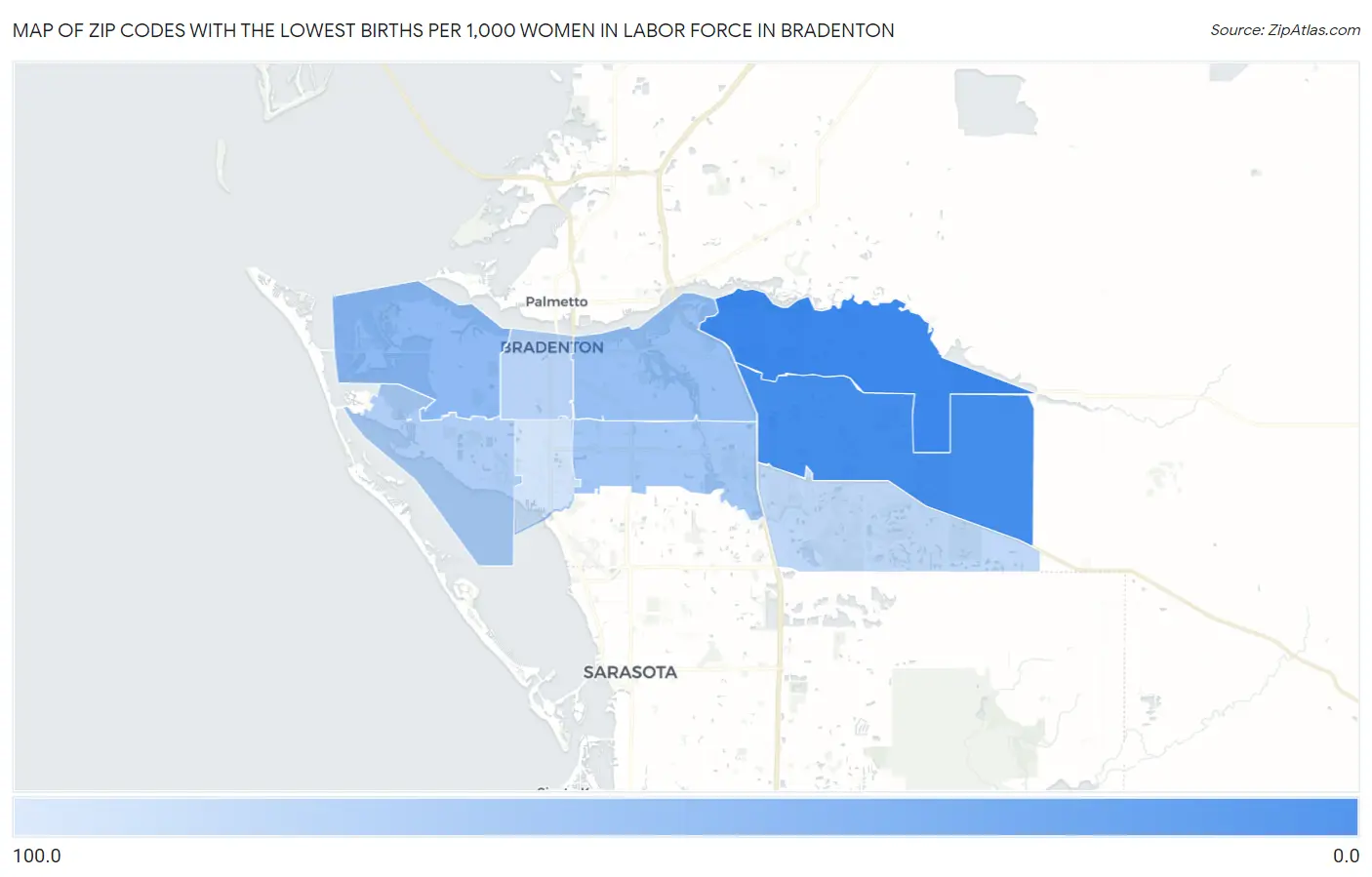 Zip Codes with the Lowest Births per 1,000 Women in Labor Force in Bradenton Map