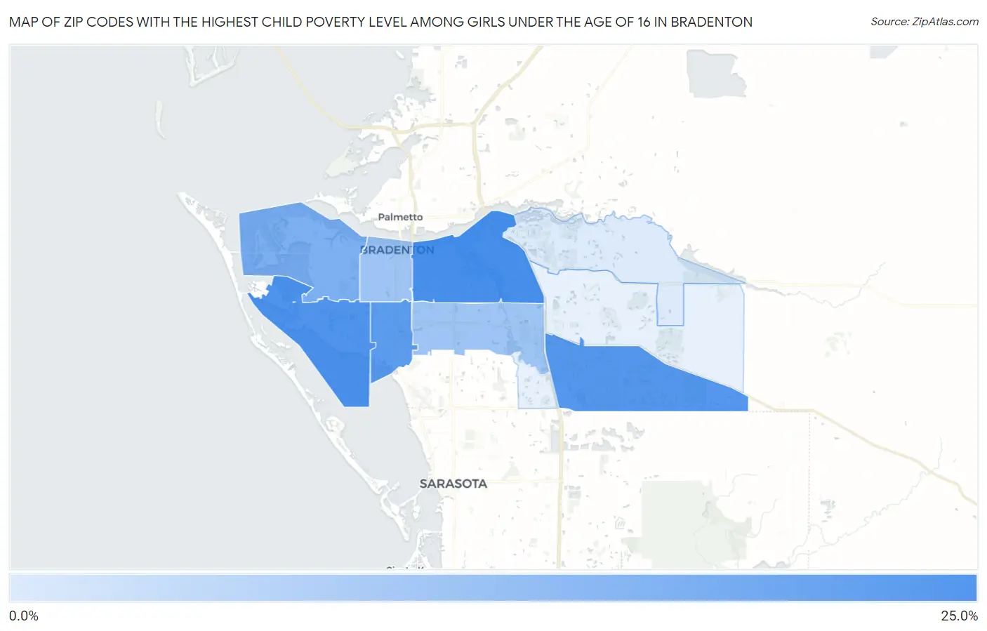 Zip Codes with the Highest Child Poverty Level Among Girls Under the Age of 16 in Bradenton Map