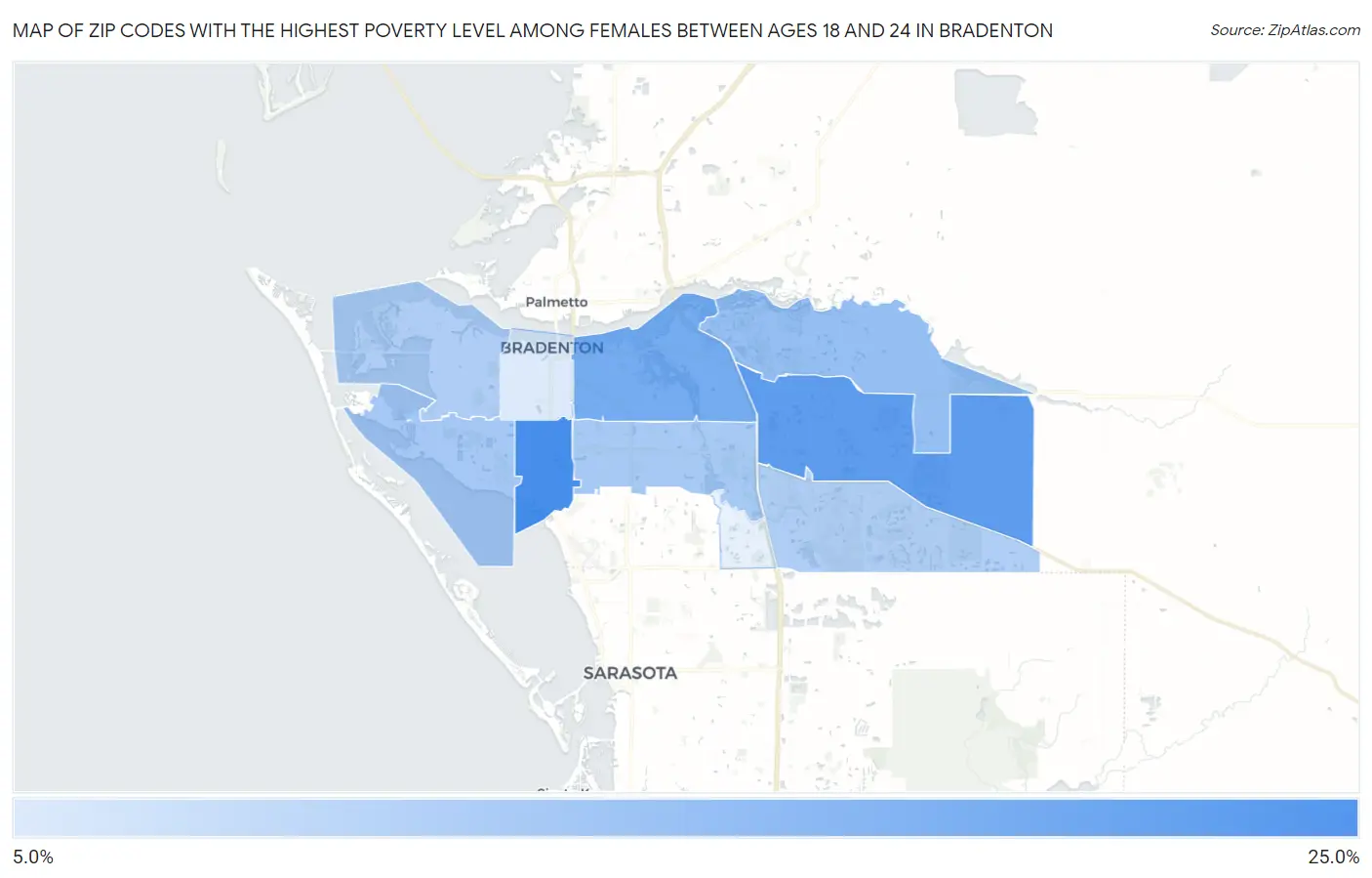 Zip Codes with the Highest Poverty Level Among Females Between Ages 18 and 24 in Bradenton Map