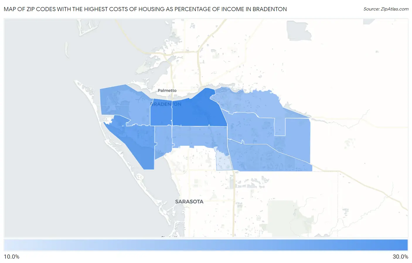Zip Codes with the Highest Costs of Housing as Percentage of Income in Bradenton Map