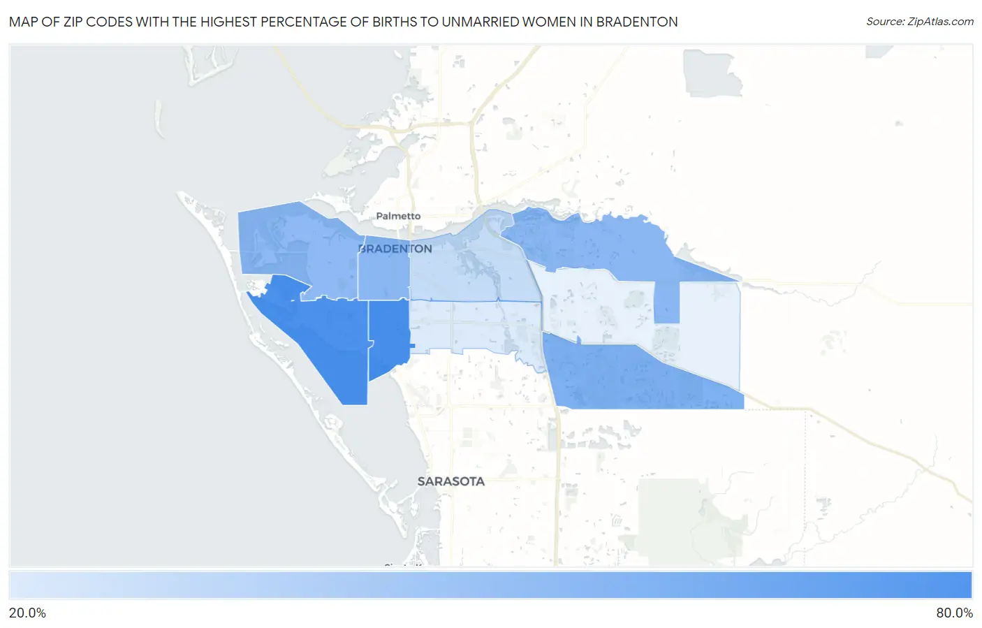 Zip Codes with the Highest Percentage of Births to Unmarried Women in Bradenton Map