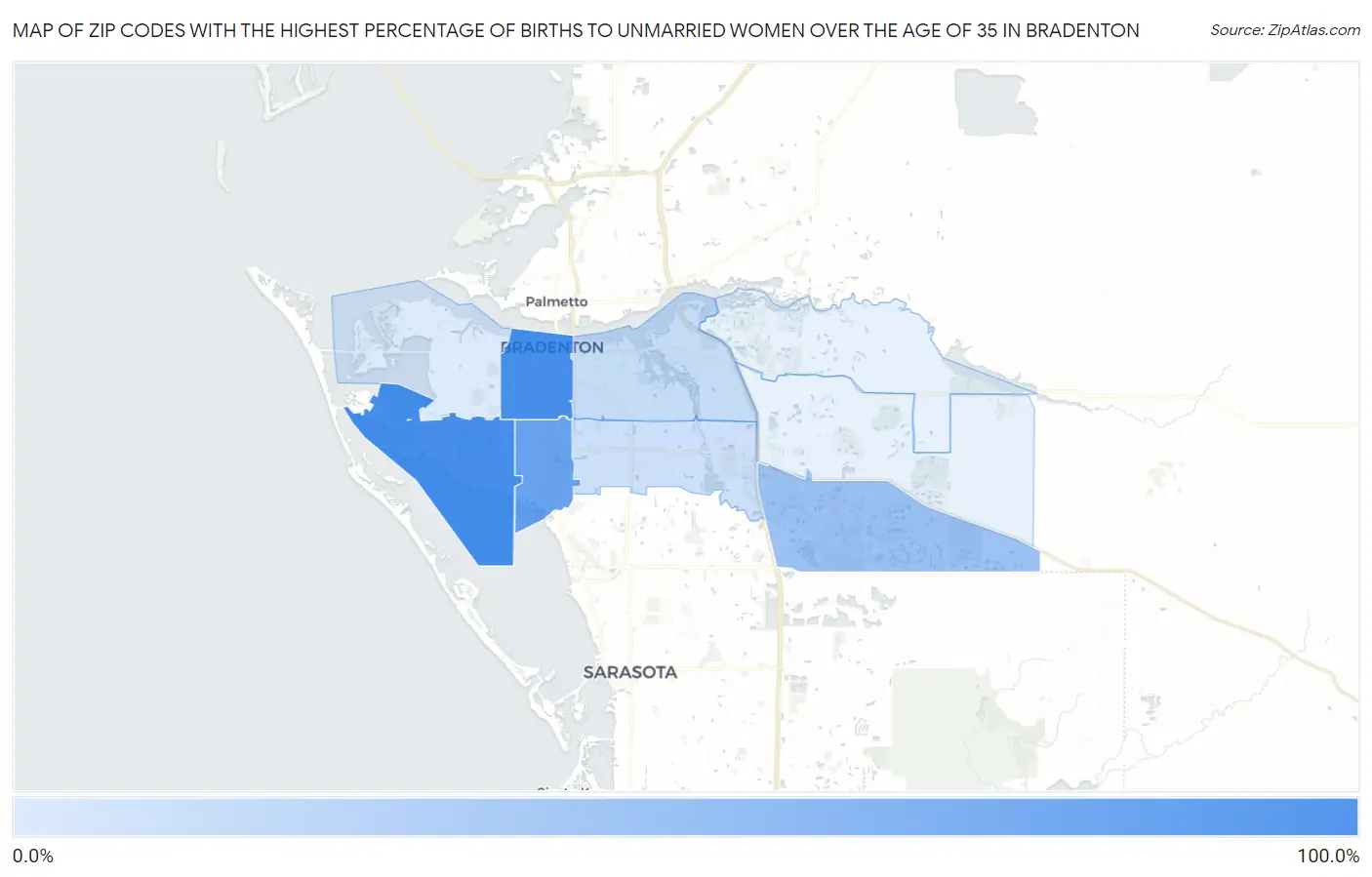 Zip Codes with the Highest Percentage of Births to Unmarried Women over the Age of 35 in Bradenton Map