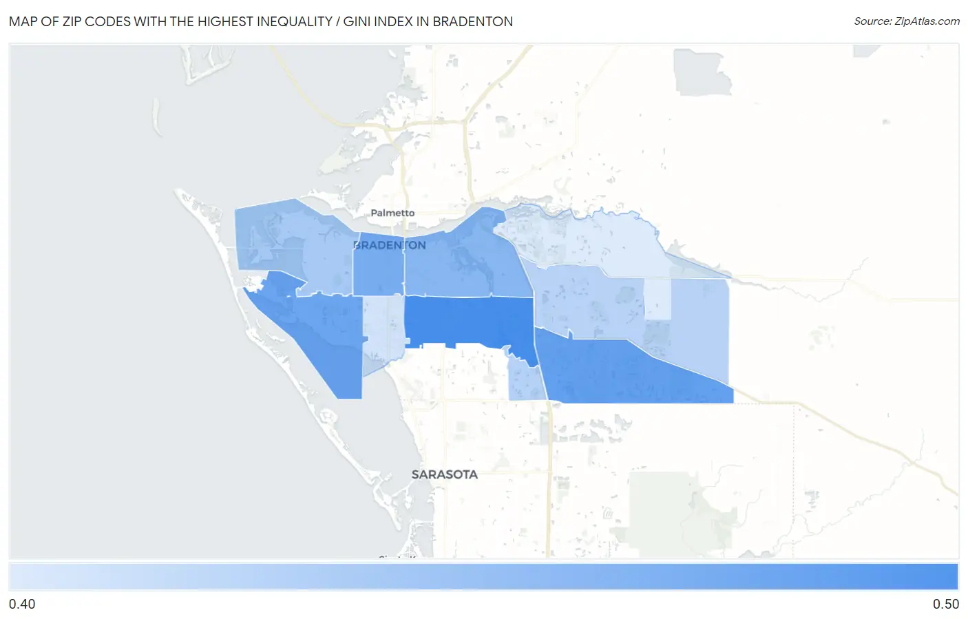 Zip Codes with the Highest Inequality / Gini Index in Bradenton Map