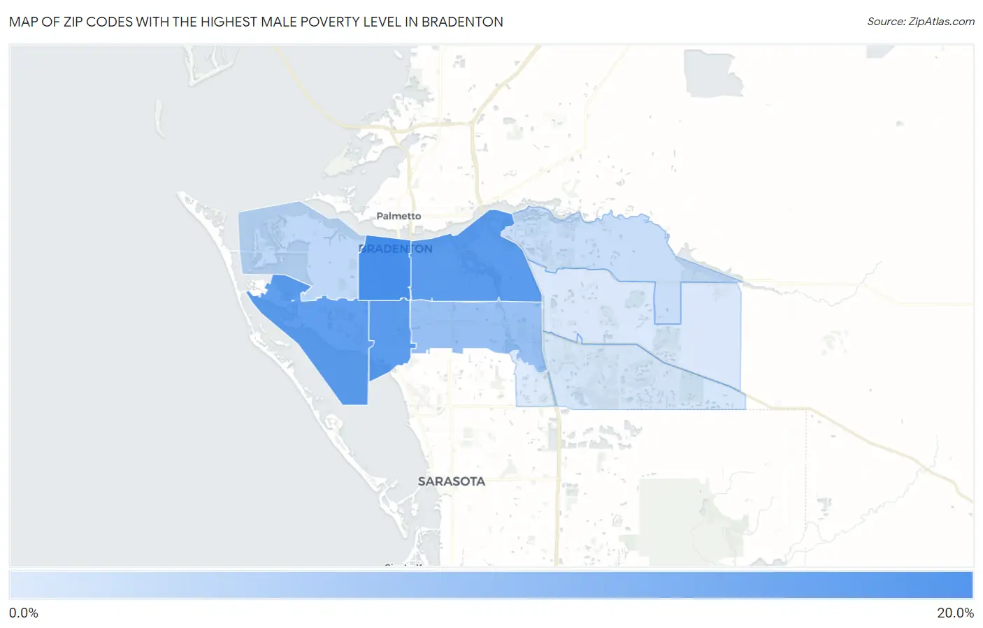 Zip Codes with the Highest Male Poverty Level in Bradenton Map