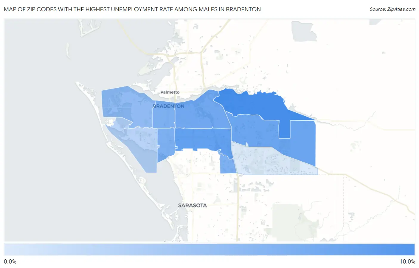 Zip Codes with the Highest Unemployment Rate Among Males in Bradenton Map