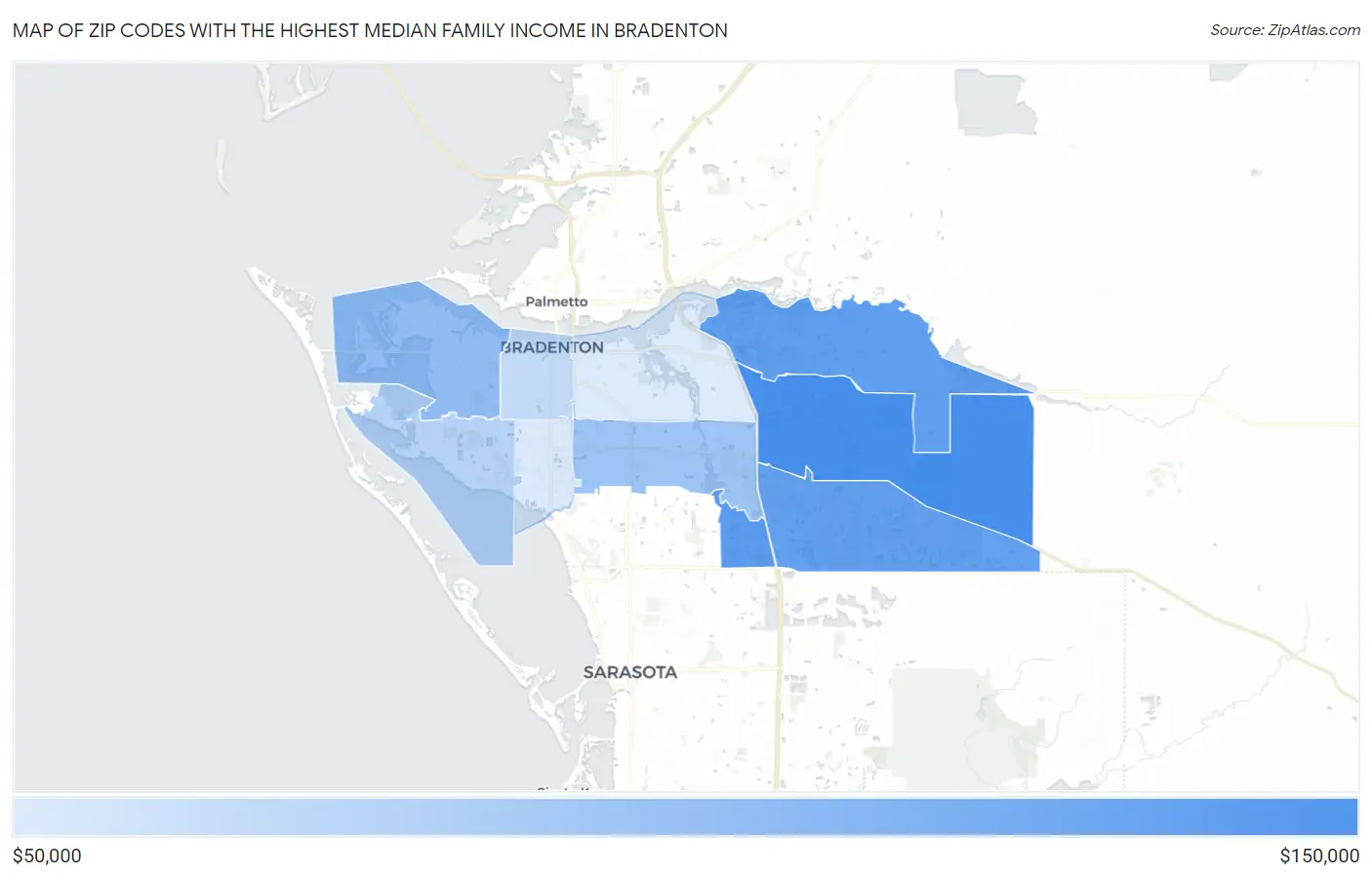 Zip Codes with the Highest Median Family Income in Bradenton Map