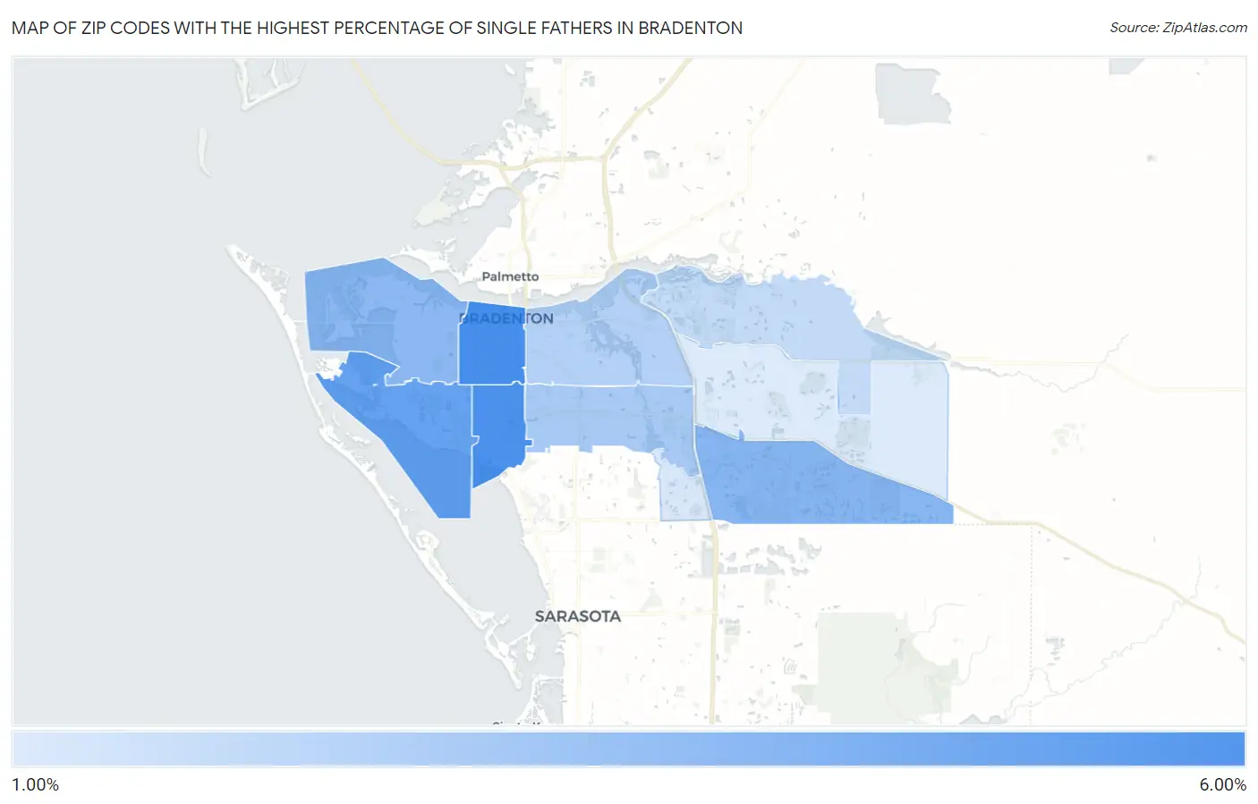 Zip Codes with the Highest Percentage of Single Fathers in Bradenton Map