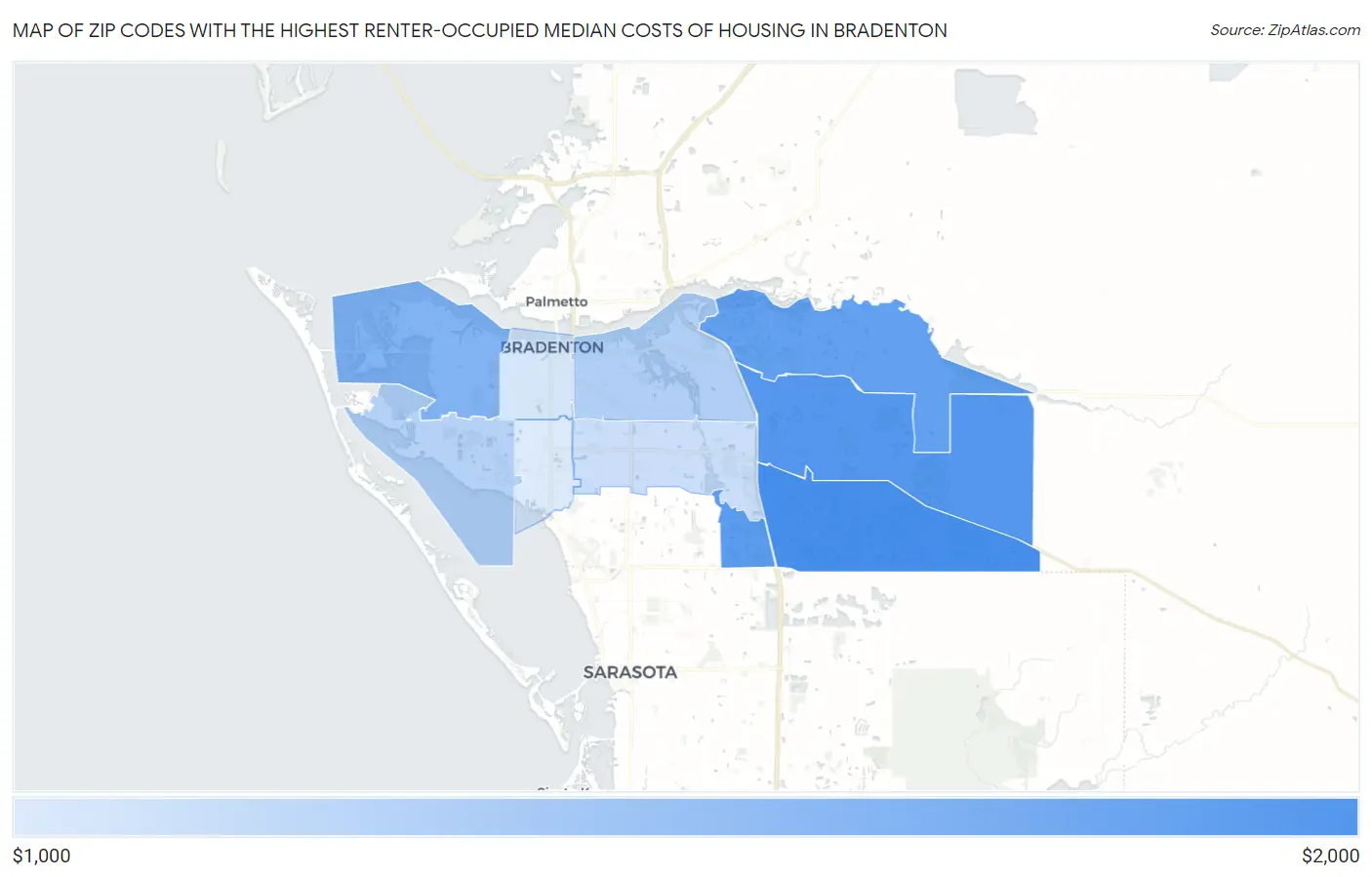Zip Codes with the Highest Renter-Occupied Median Costs of Housing in Bradenton Map