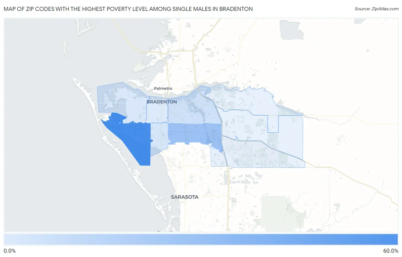Zip Codes with the Highest Poverty Level Among Single Males in Bradenton Map