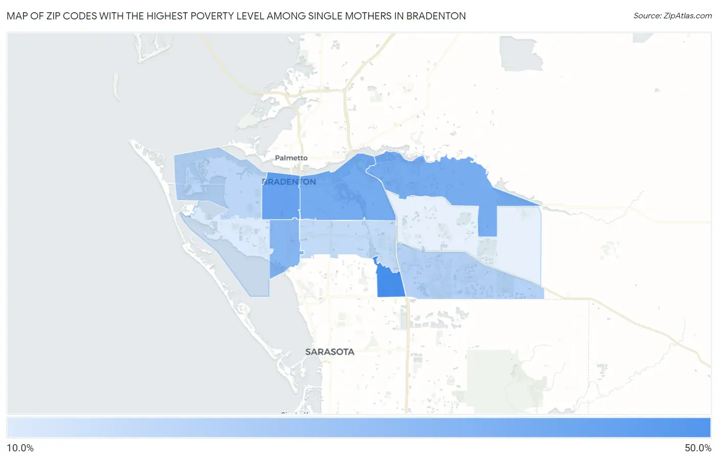Zip Codes with the Highest Poverty Level Among Single Mothers in Bradenton Map
