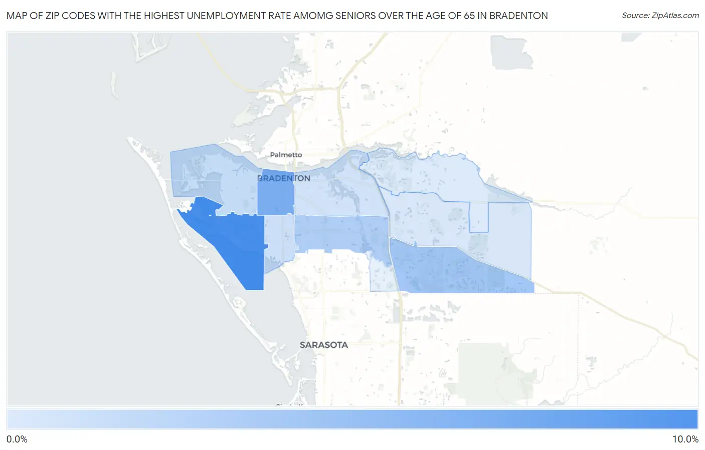 Zip Codes with the Highest Unemployment Rate Amomg Seniors Over the Age of 65 in Bradenton Map