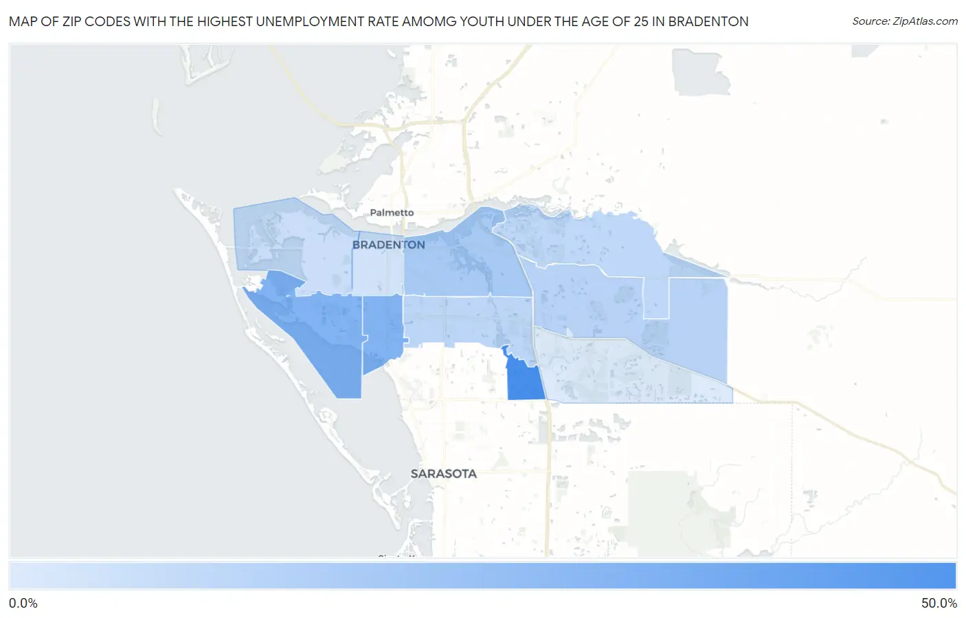 Zip Codes with the Highest Unemployment Rate Amomg Youth Under the Age of 25 in Bradenton Map