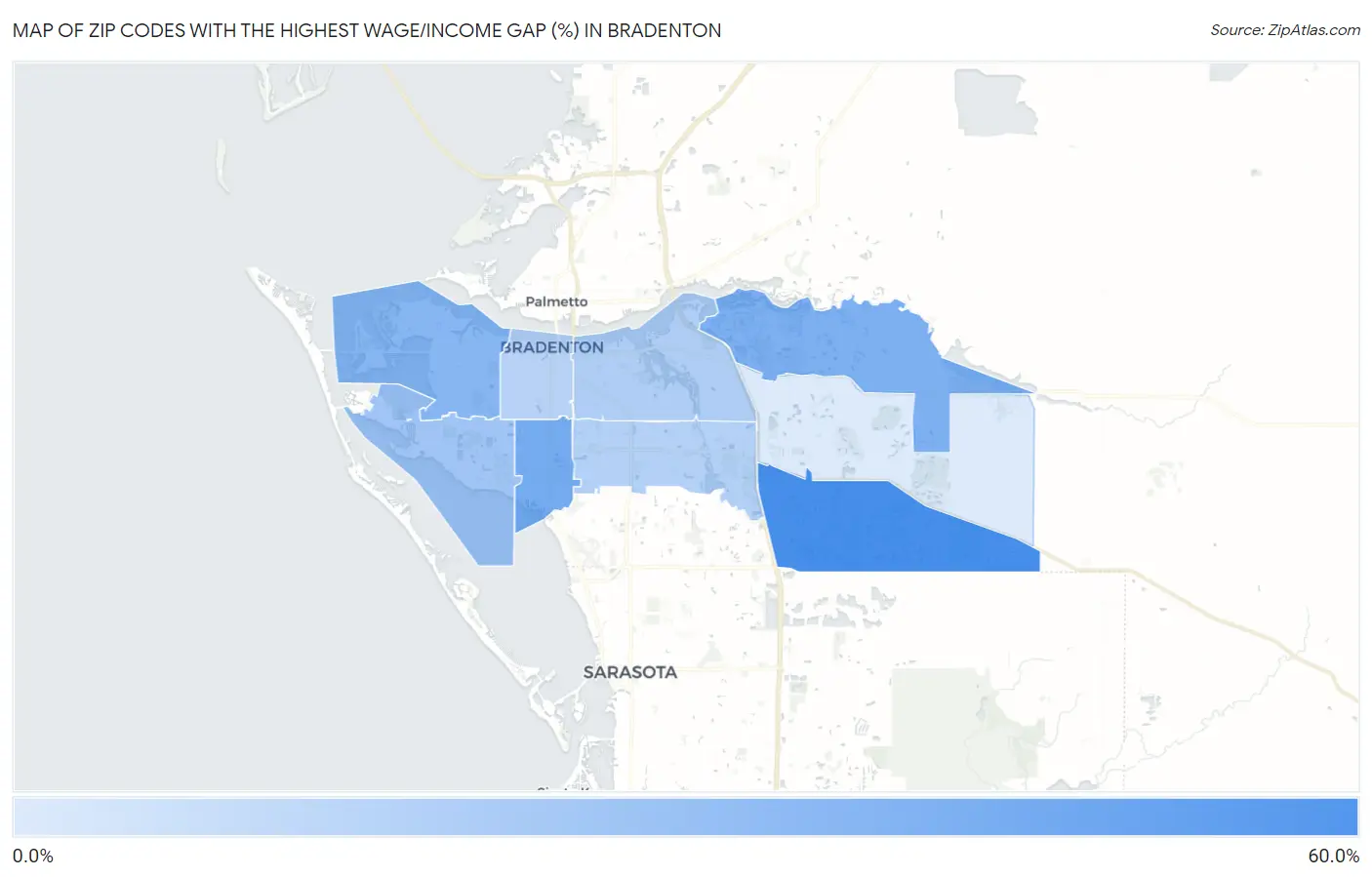 Zip Codes with the Highest Wage/Income Gap (%) in Bradenton Map