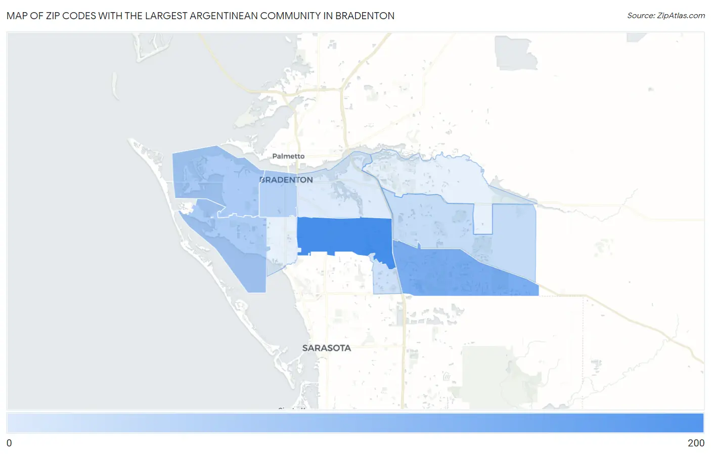 Zip Codes with the Largest Argentinean Community in Bradenton Map