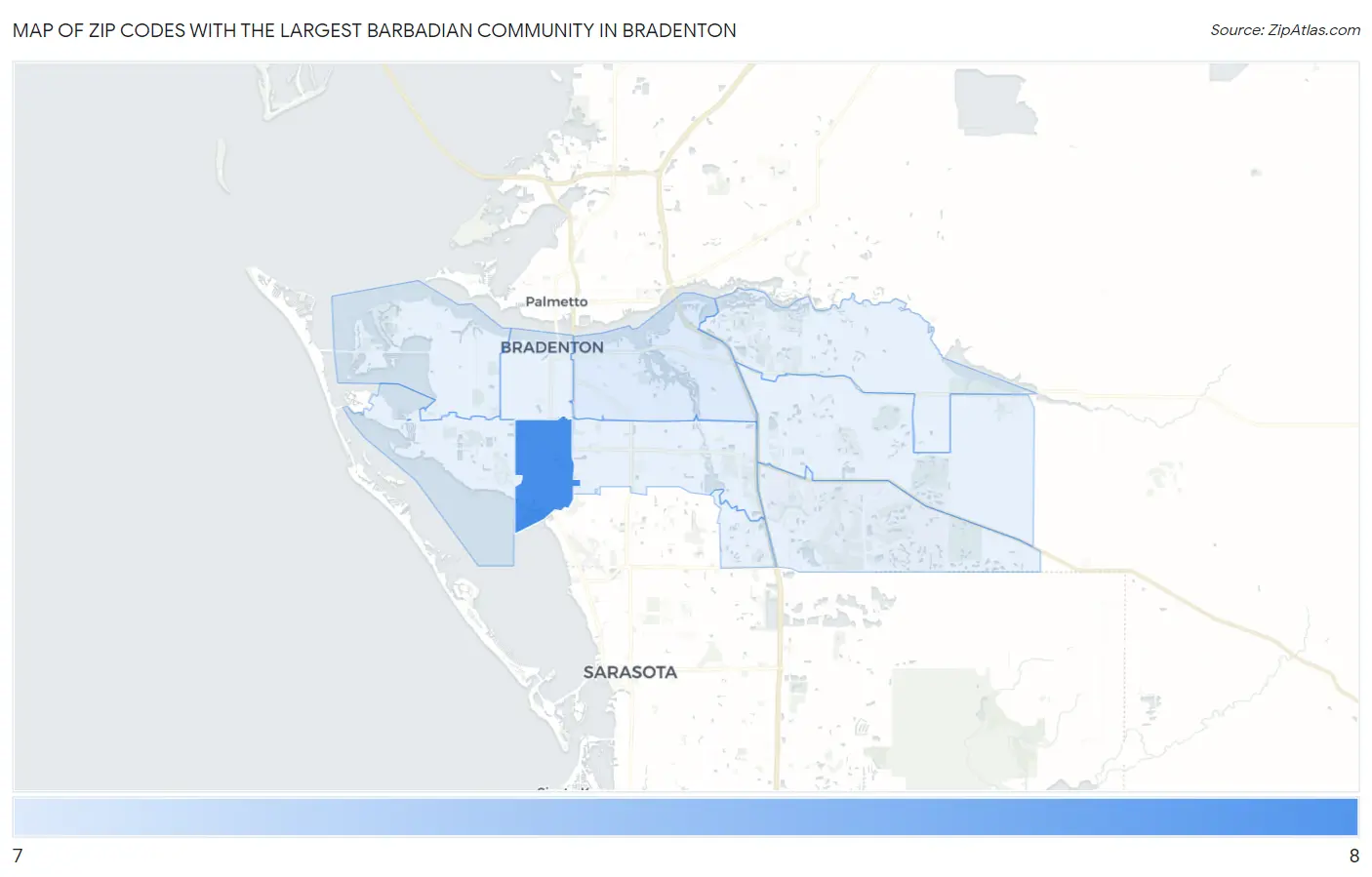 Zip Codes with the Largest Barbadian Community in Bradenton Map