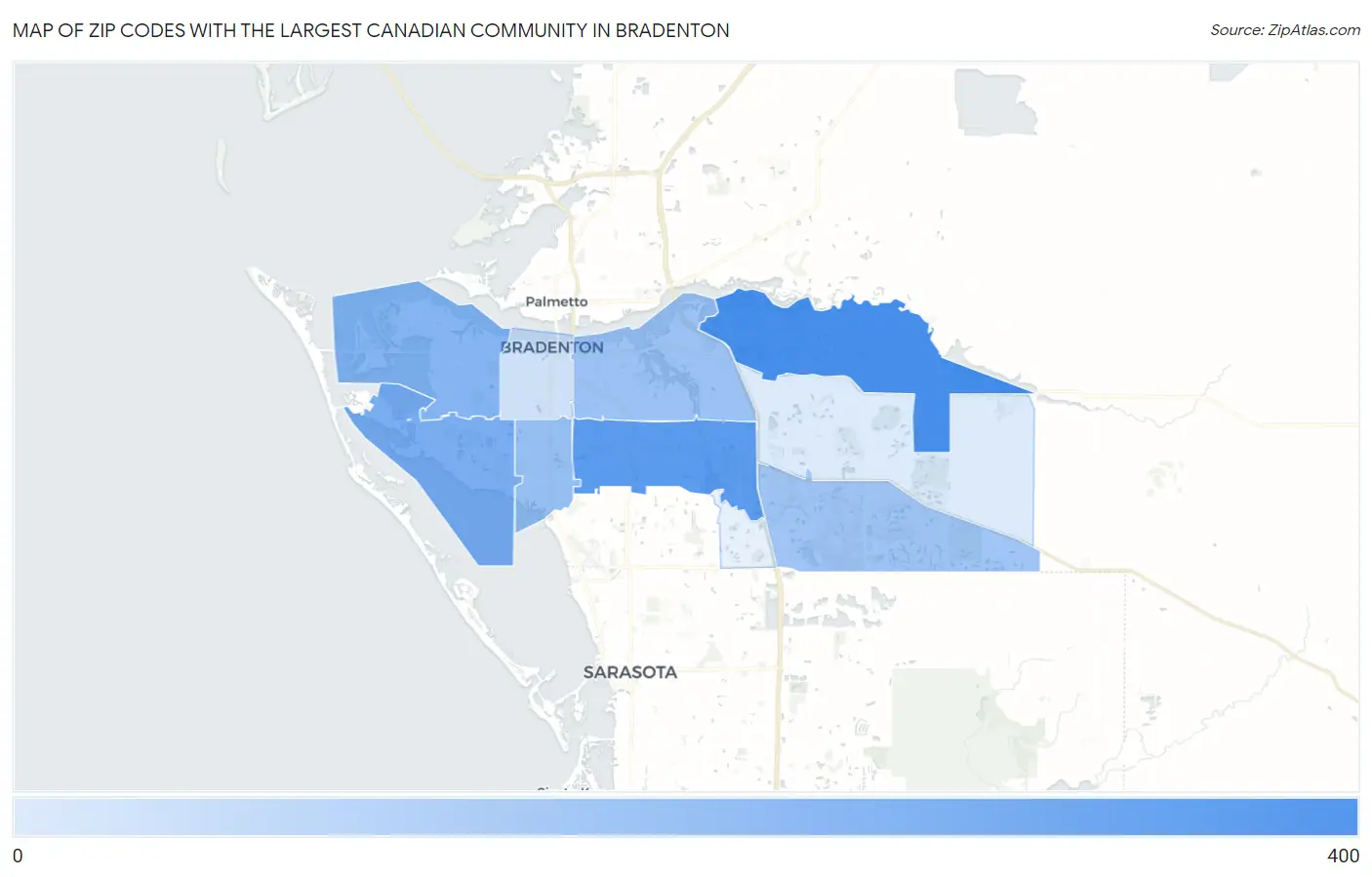 Zip Codes with the Largest Canadian Community in Bradenton Map