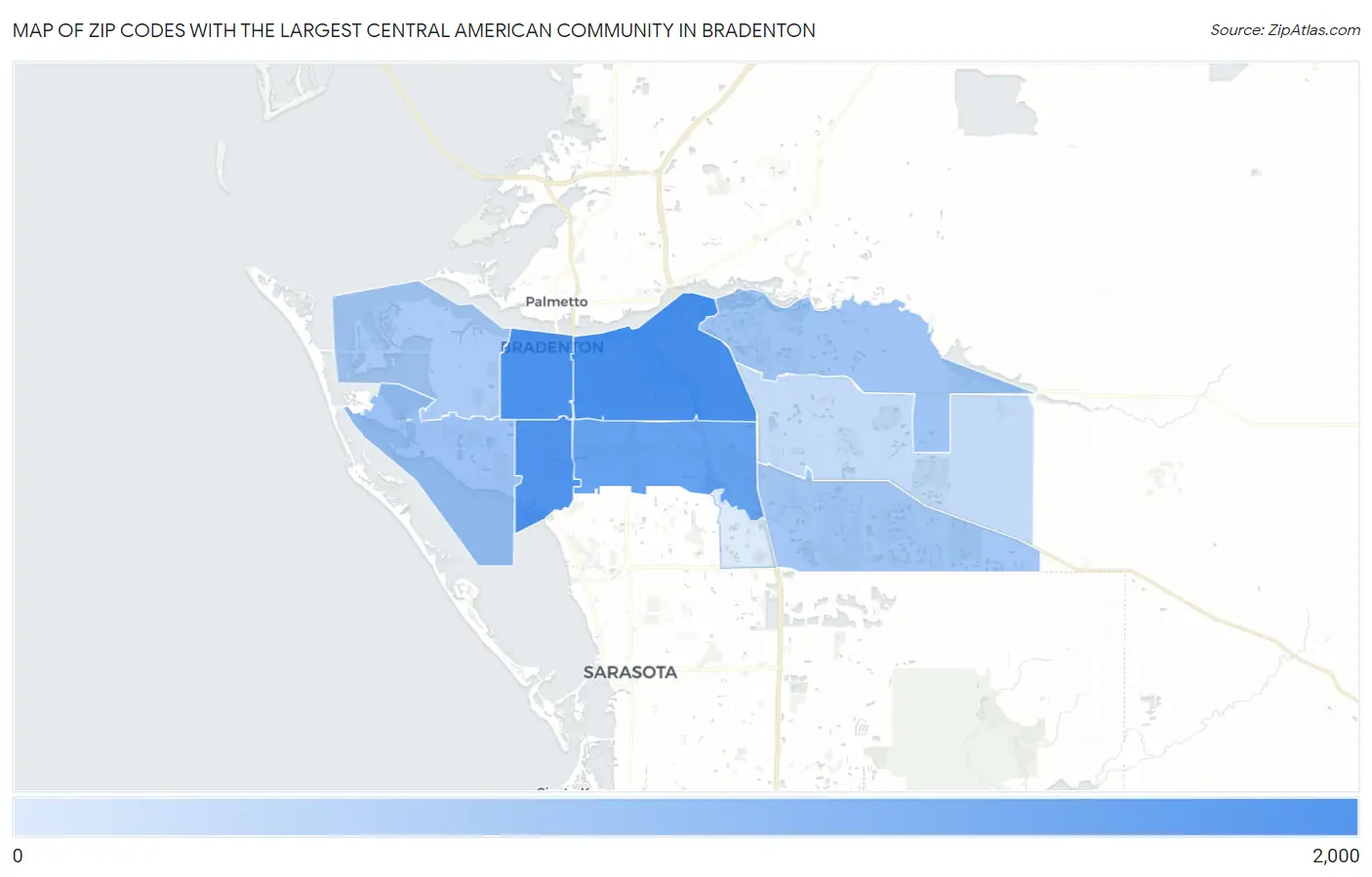 Zip Codes with the Largest Central American Community in Bradenton Map