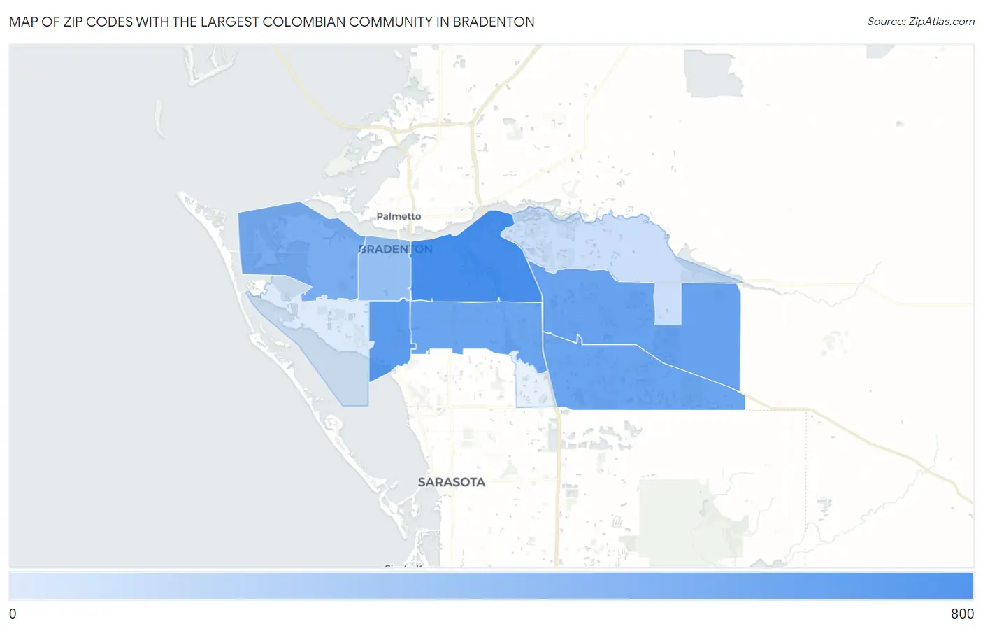 Zip Codes with the Largest Colombian Community in Bradenton Map