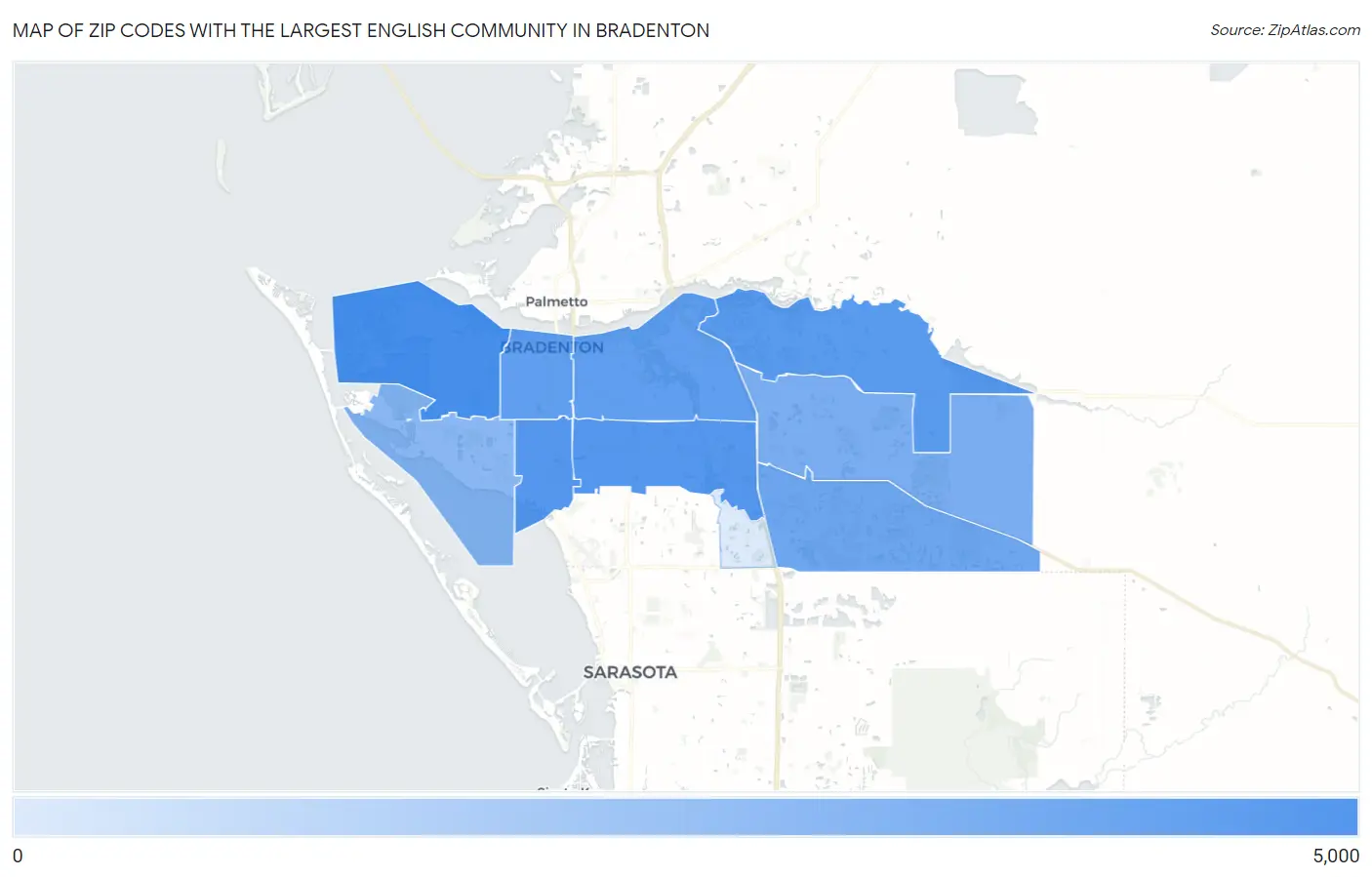 Zip Codes with the Largest English Community in Bradenton Map