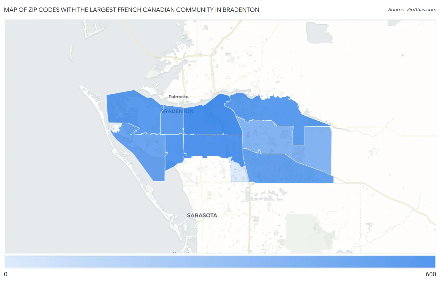 Zip Codes with the Largest French Canadian Community in Bradenton Map