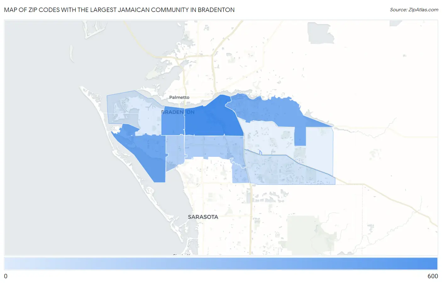 Zip Codes with the Largest Jamaican Community in Bradenton Map