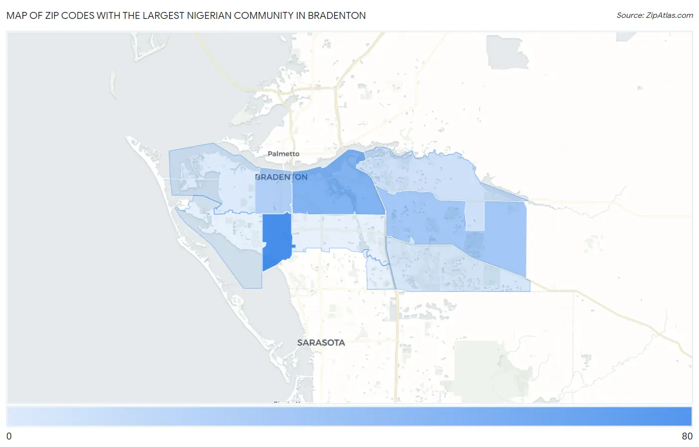 Zip Codes with the Largest Nigerian Community in Bradenton Map