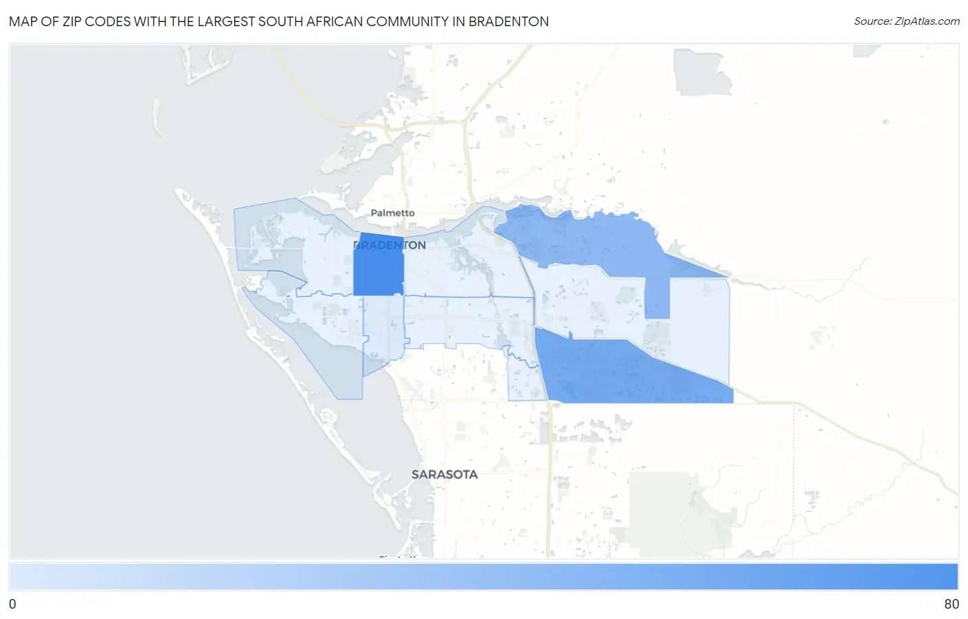 Zip Codes with the Largest South African Community in Bradenton Map