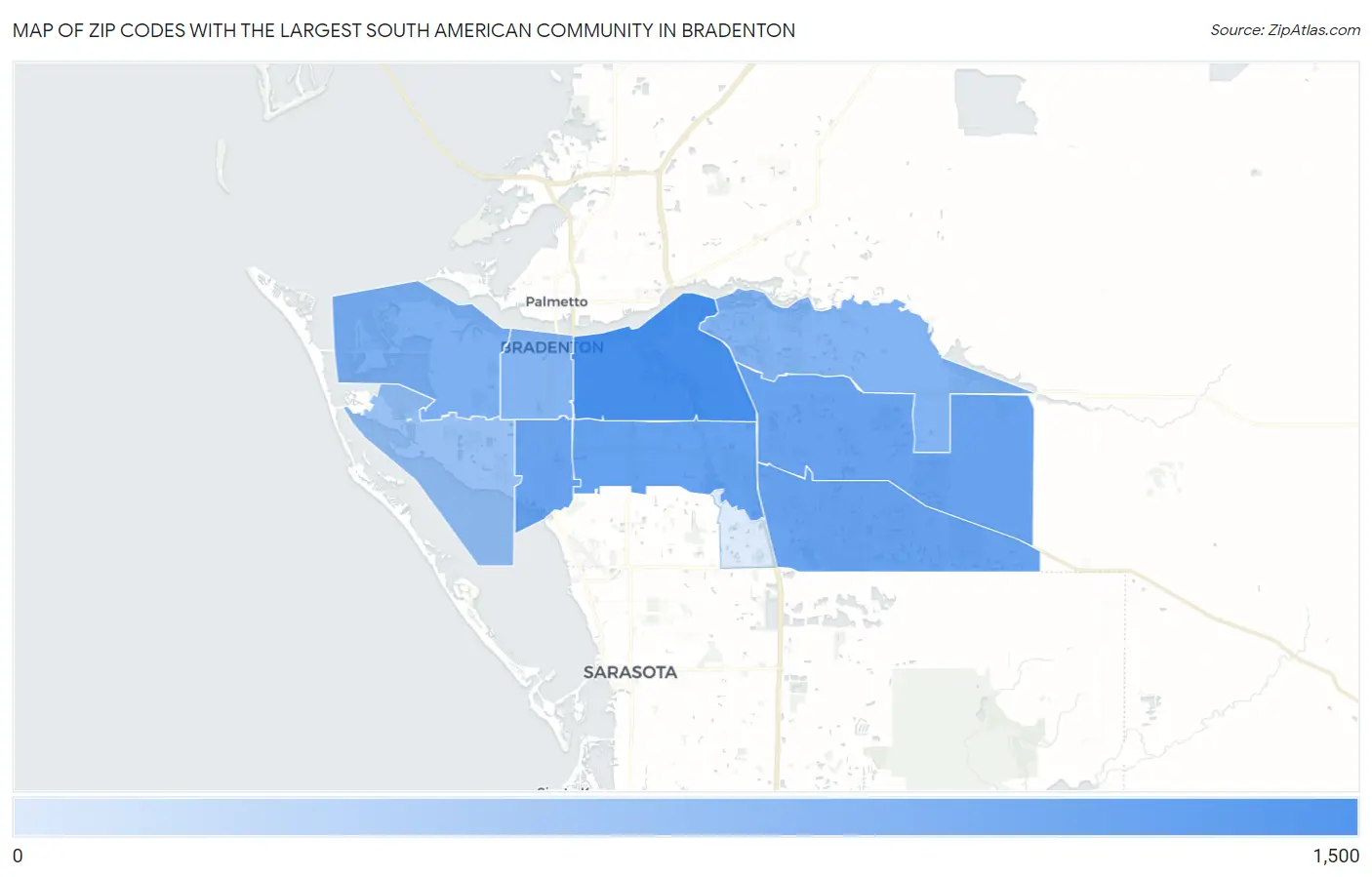 Zip Codes with the Largest South American Community in Bradenton Map
