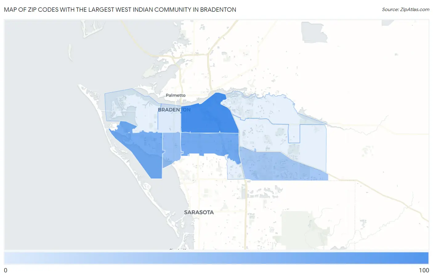 Zip Codes with the Largest West Indian Community in Bradenton Map