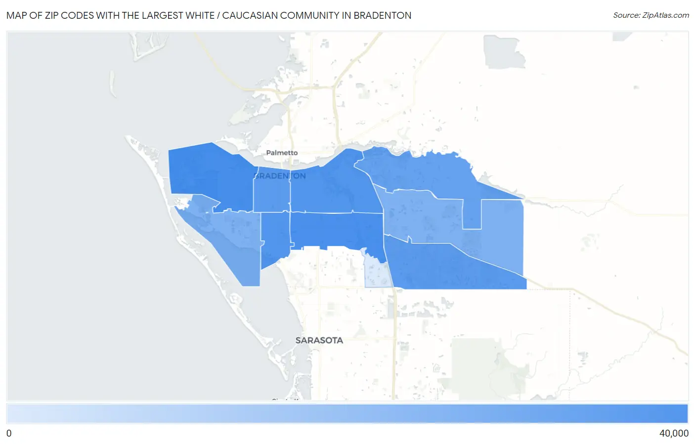 Zip Codes with the Largest White / Caucasian Community in Bradenton Map