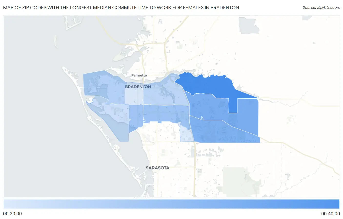 Zip Codes with the Longest Median Commute Time to Work for Females in Bradenton Map