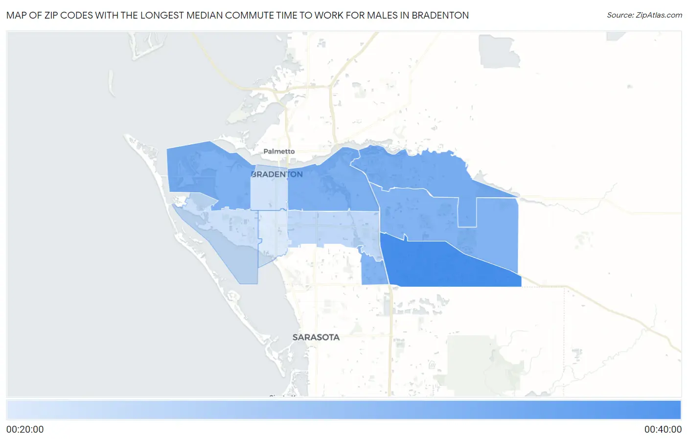 Zip Codes with the Longest Median Commute Time to Work for Males in Bradenton Map