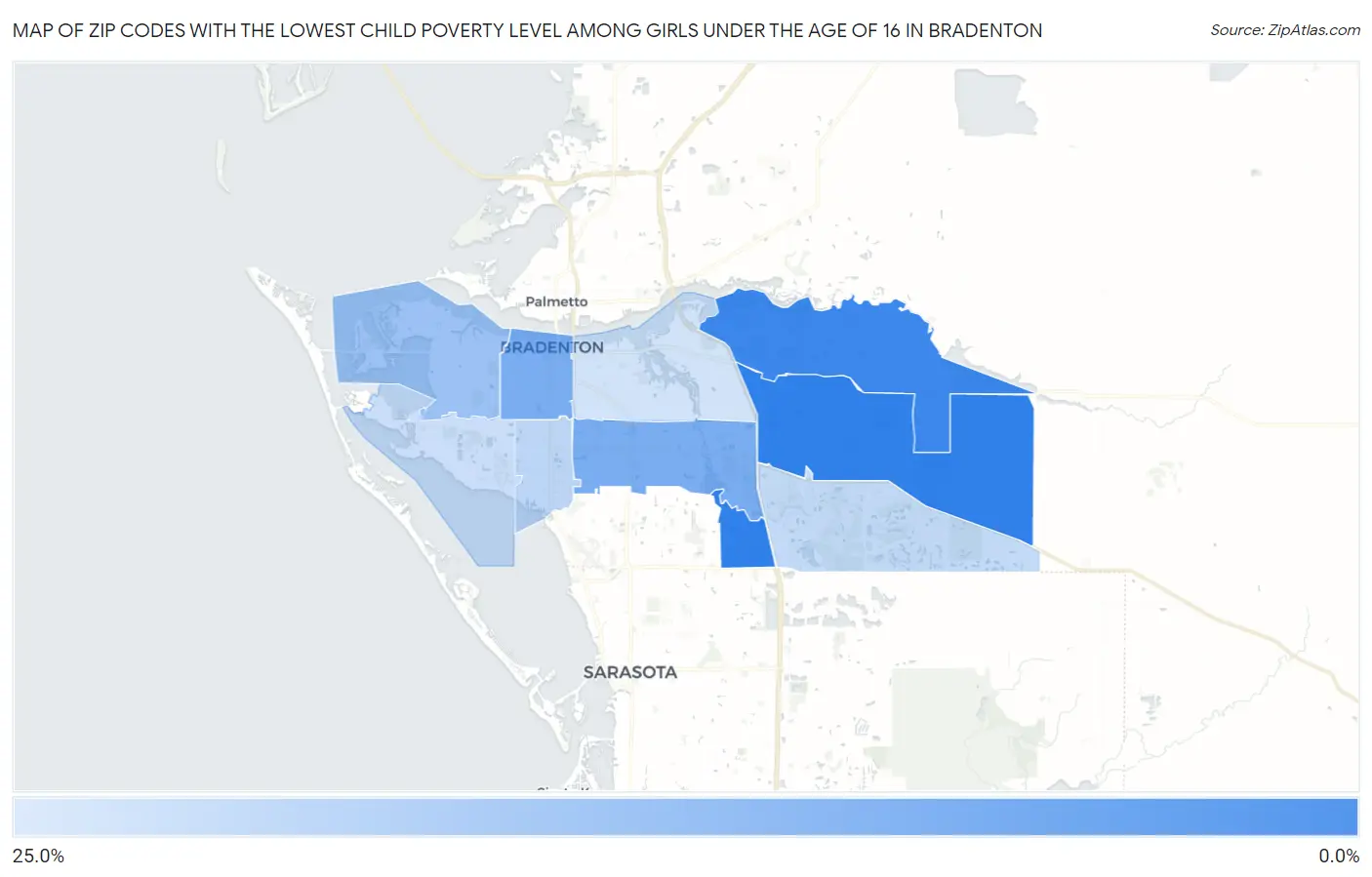 Zip Codes with the Lowest Child Poverty Level Among Girls Under the Age of 16 in Bradenton Map