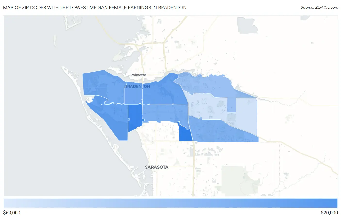 Zip Codes with the Lowest Median Female Earnings in Bradenton Map