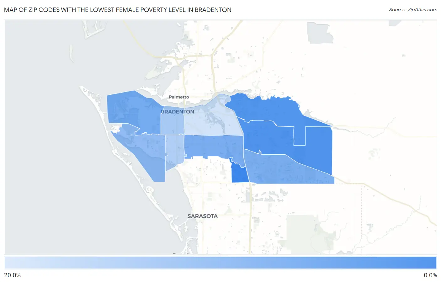 Zip Codes with the Lowest Female Poverty Level in Bradenton Map