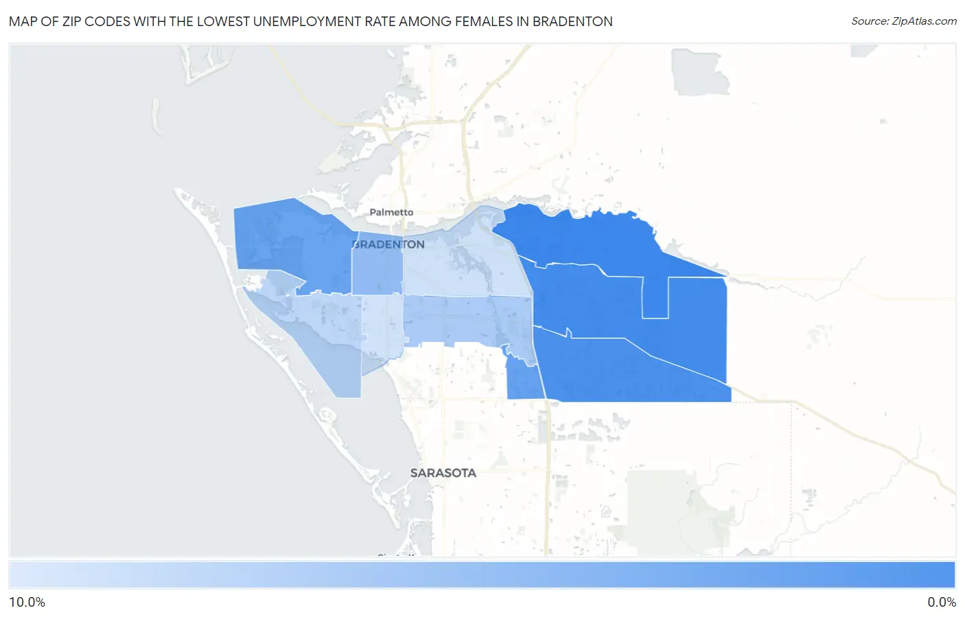 Zip Codes with the Lowest Unemployment Rate Among Females in Bradenton Map