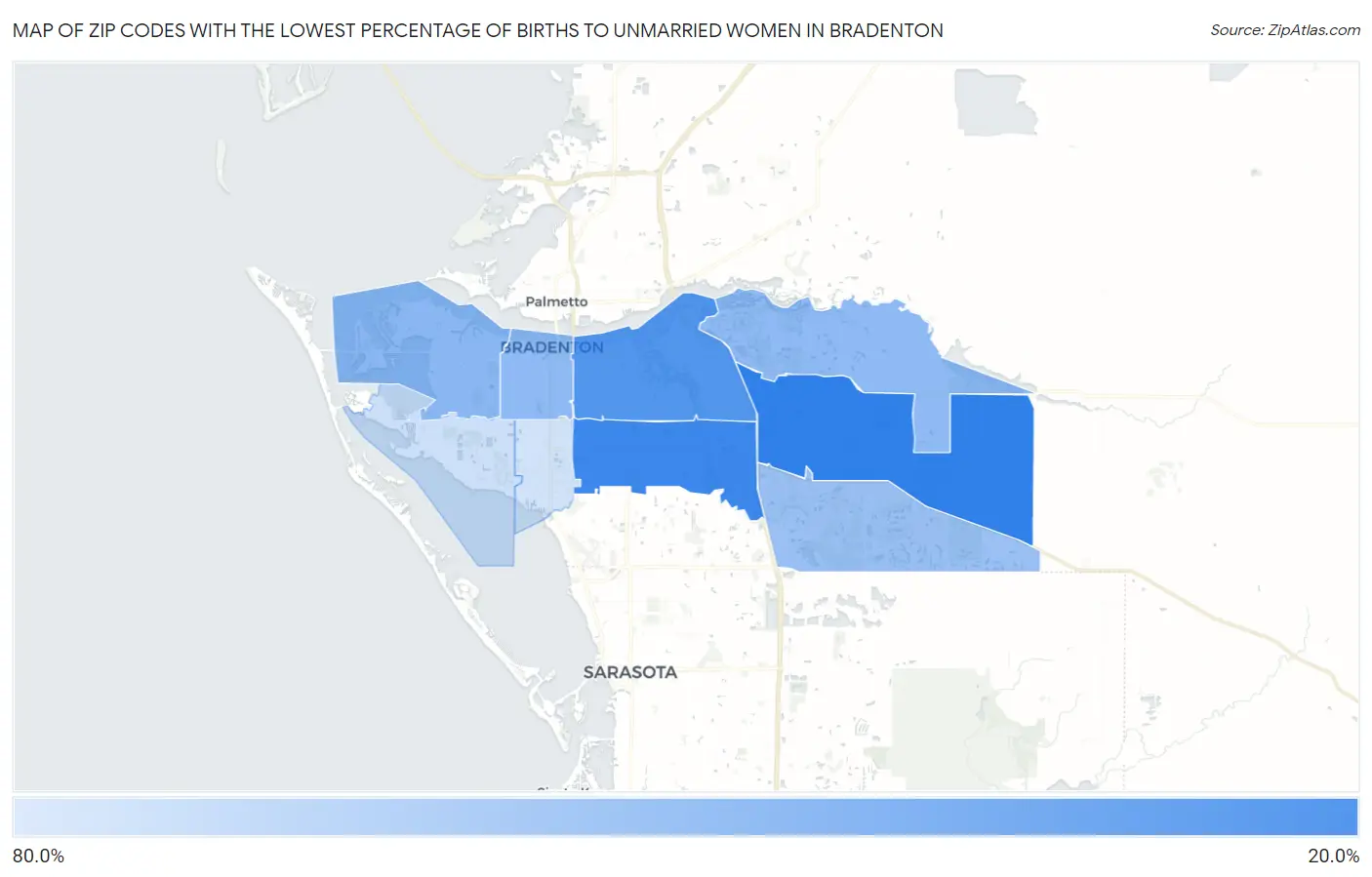 Zip Codes with the Lowest Percentage of Births to Unmarried Women in Bradenton Map