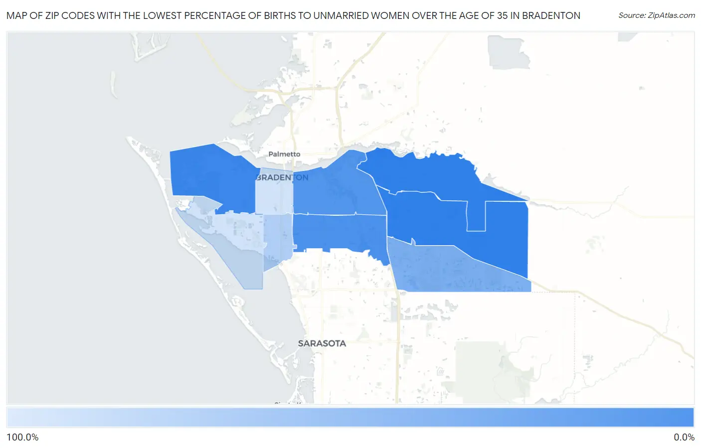 Zip Codes with the Lowest Percentage of Births to Unmarried Women over the Age of 35 in Bradenton Map