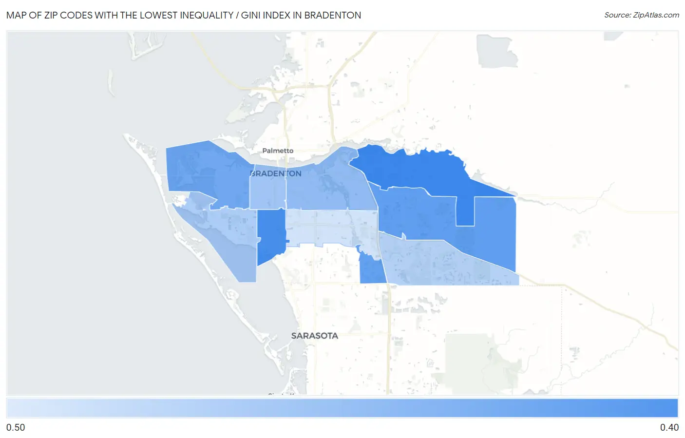 Zip Codes with the Lowest Inequality / Gini Index in Bradenton Map