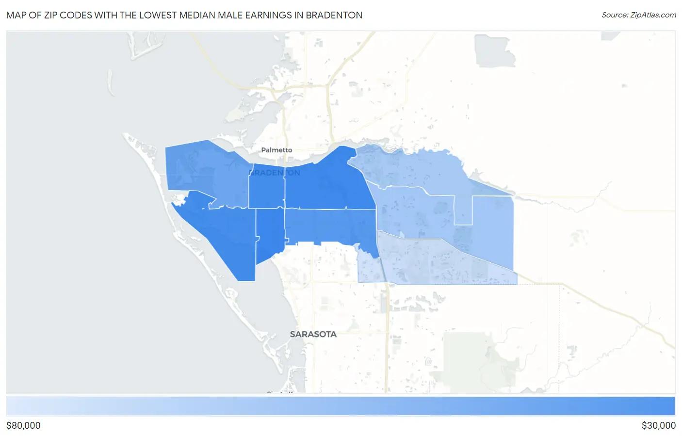 Zip Codes with the Lowest Median Male Earnings in Bradenton Map