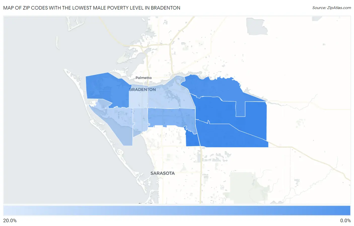 Zip Codes with the Lowest Male Poverty Level in Bradenton Map