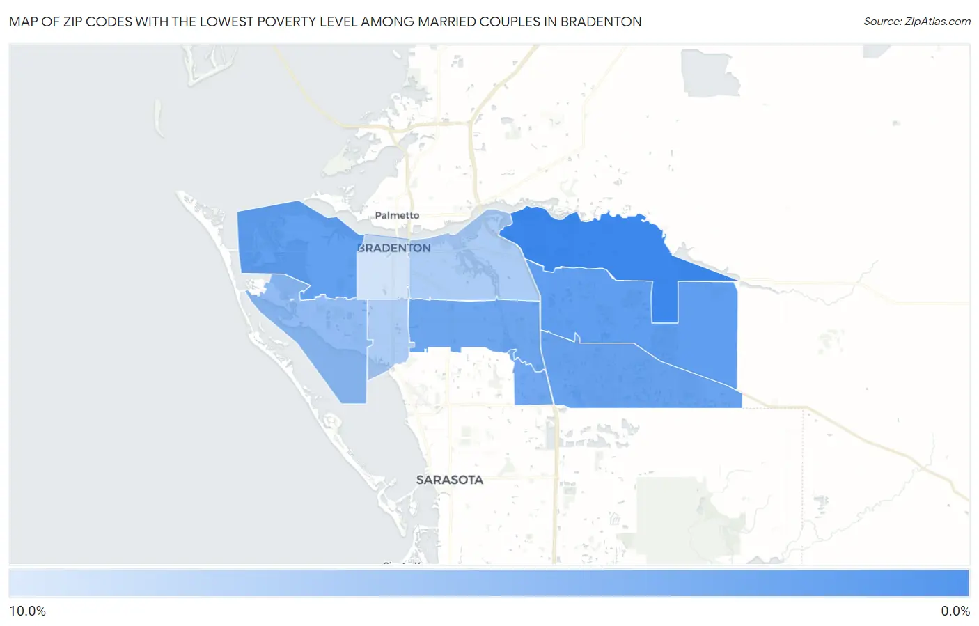 Zip Codes with the Lowest Poverty Level Among Married Couples in Bradenton Map