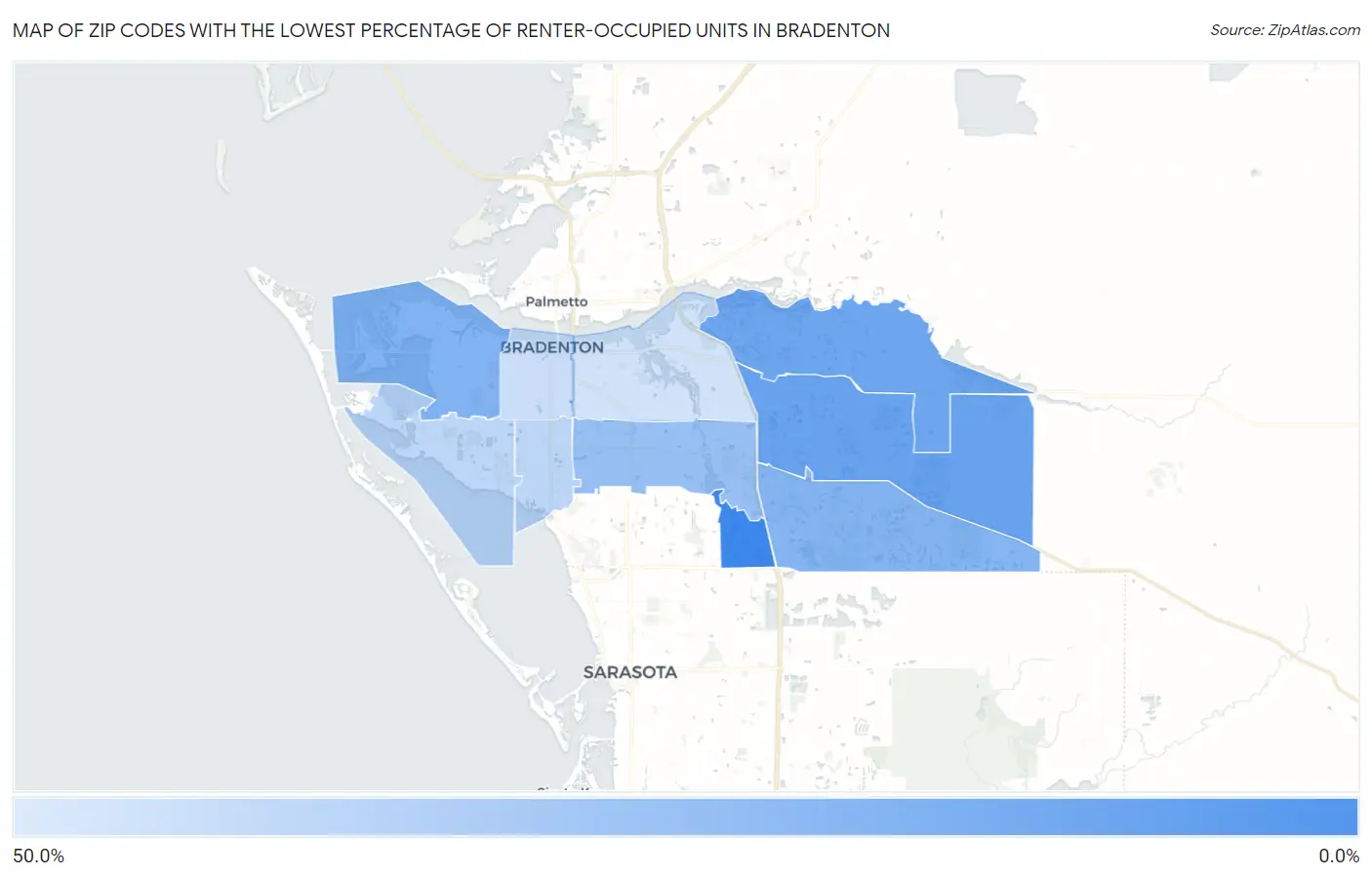 Zip Codes with the Lowest Percentage of Renter-Occupied Units in Bradenton Map