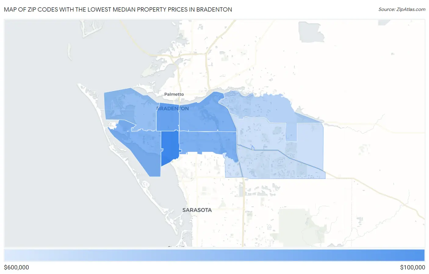 Zip Codes with the Lowest Median Property Prices in Bradenton Map