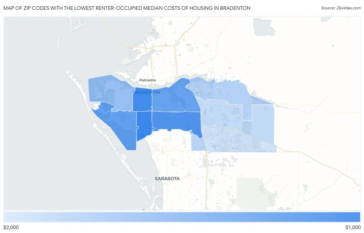 Zip Codes with the Lowest Renter-Occupied Median Costs of Housing in Bradenton Map