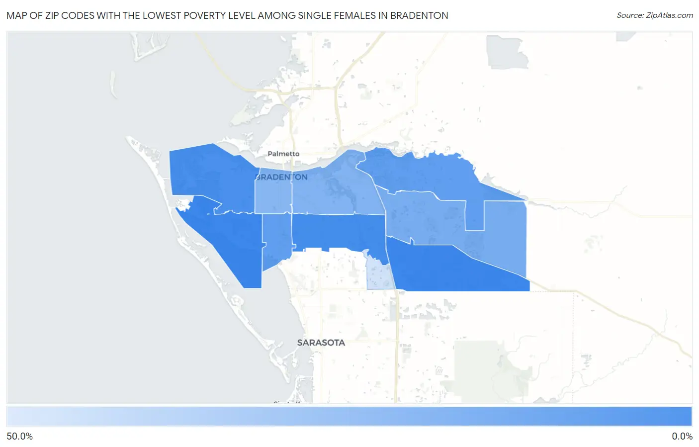 Zip Codes with the Lowest Poverty Level Among Single Females in Bradenton Map
