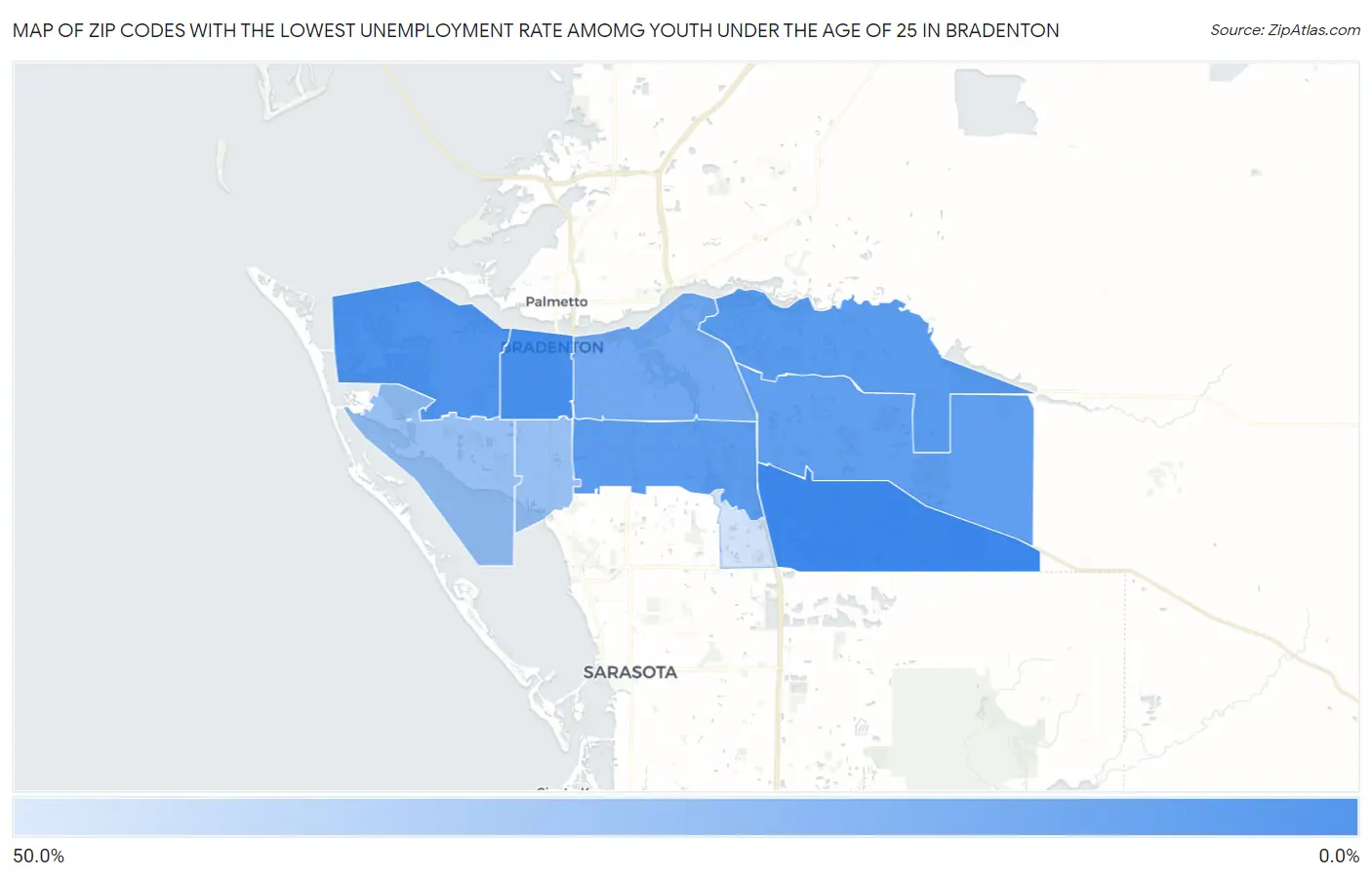Zip Codes with the Lowest Unemployment Rate Amomg Youth Under the Age of 25 in Bradenton Map